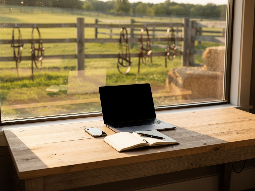 A simple farmhouse office desk with a laptop, a phone and a field notebook by a window overlooking the pasture, nobody i