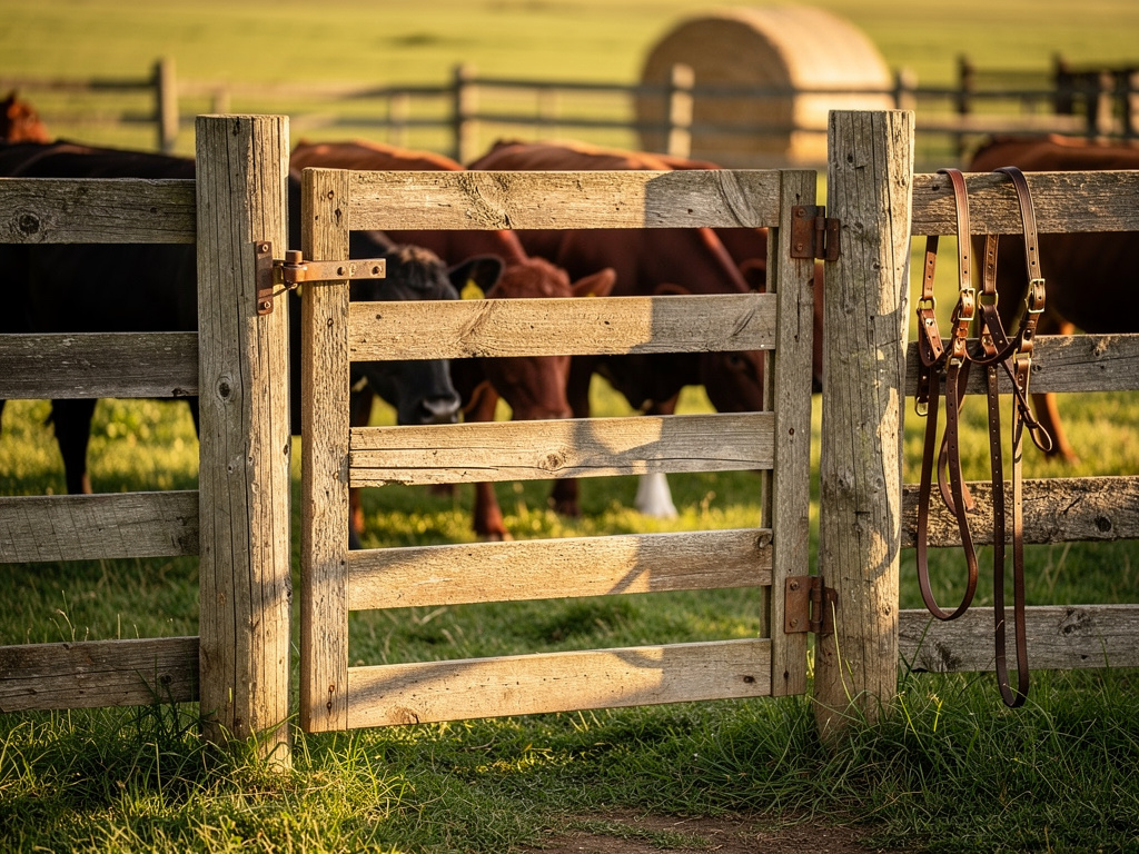 Close-up of a weathered wooden corral with cattle moving calmly through the gate.