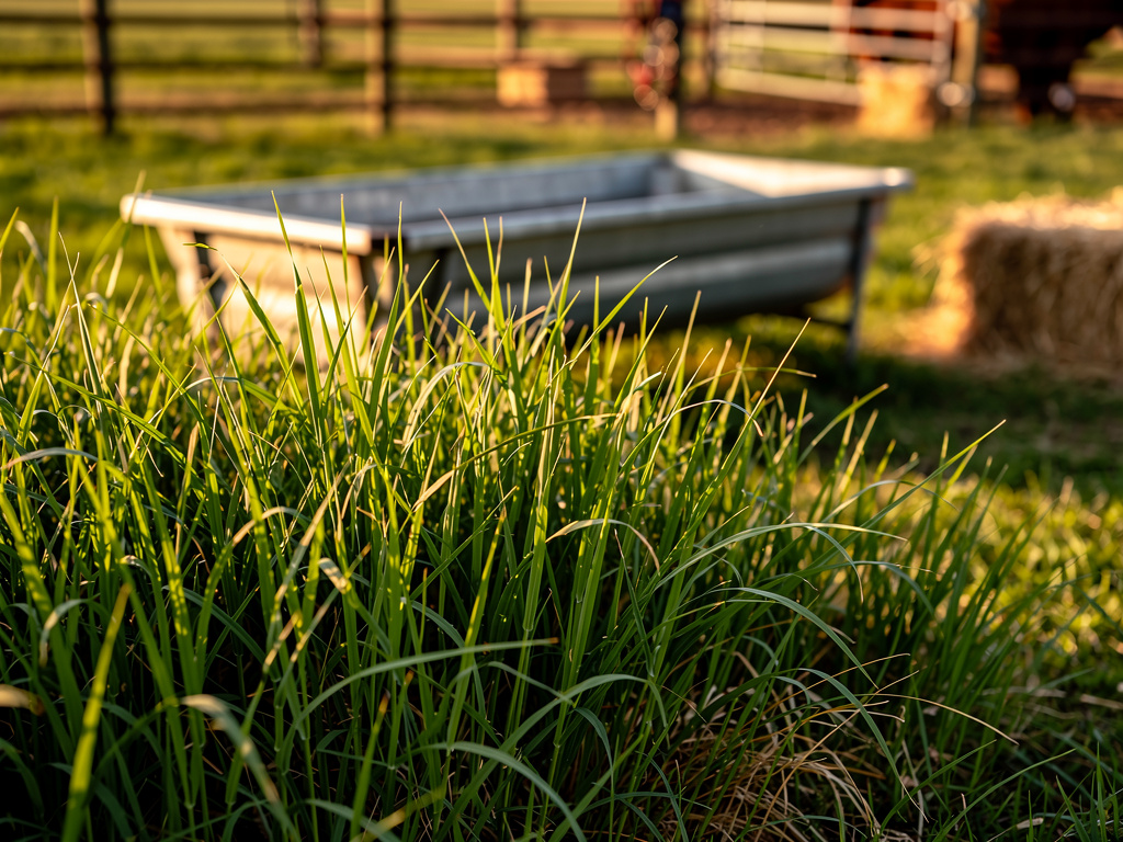 Close-up of tall green pasture grass with a feed trough in soft focus behind it.
