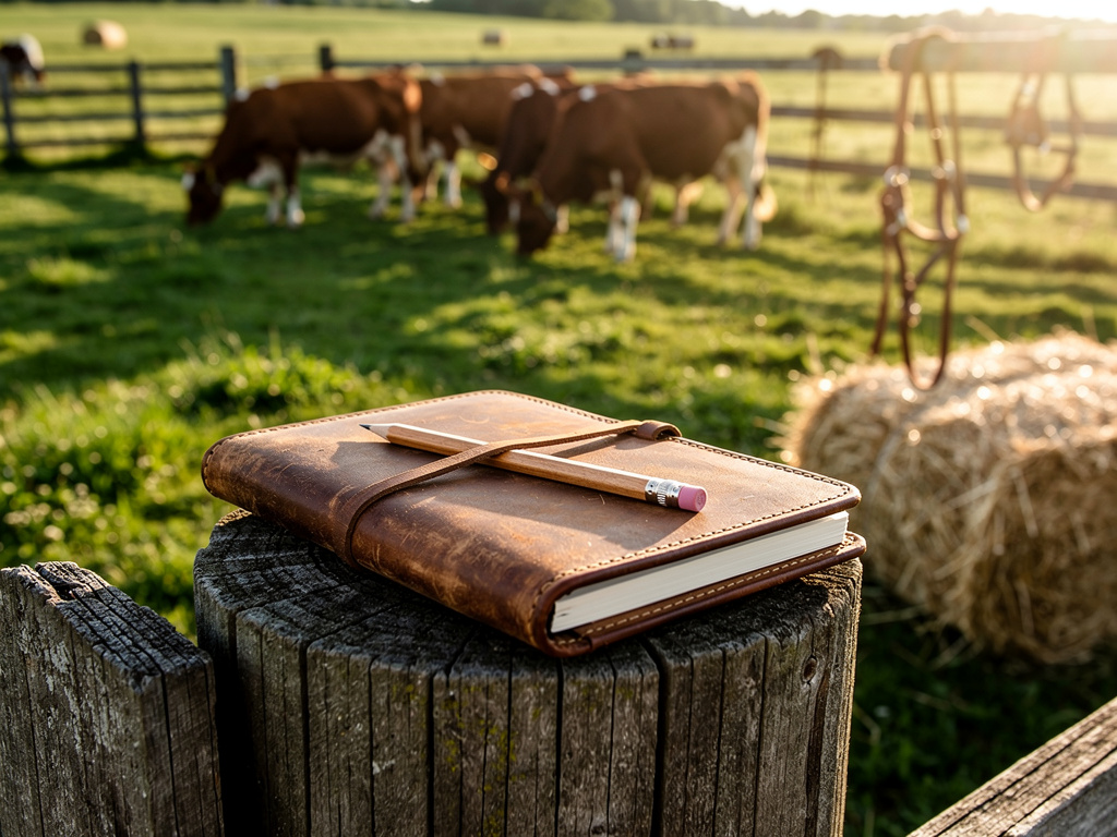 A worn leather-bound field notebook and pencil resting on a fence post beside the herd.