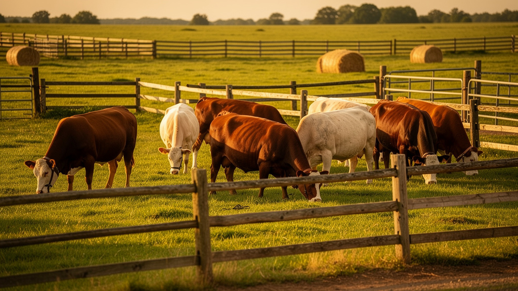 A herd of cattle grazing on a wide green pasture behind a rustic wooden fence at golden hour.