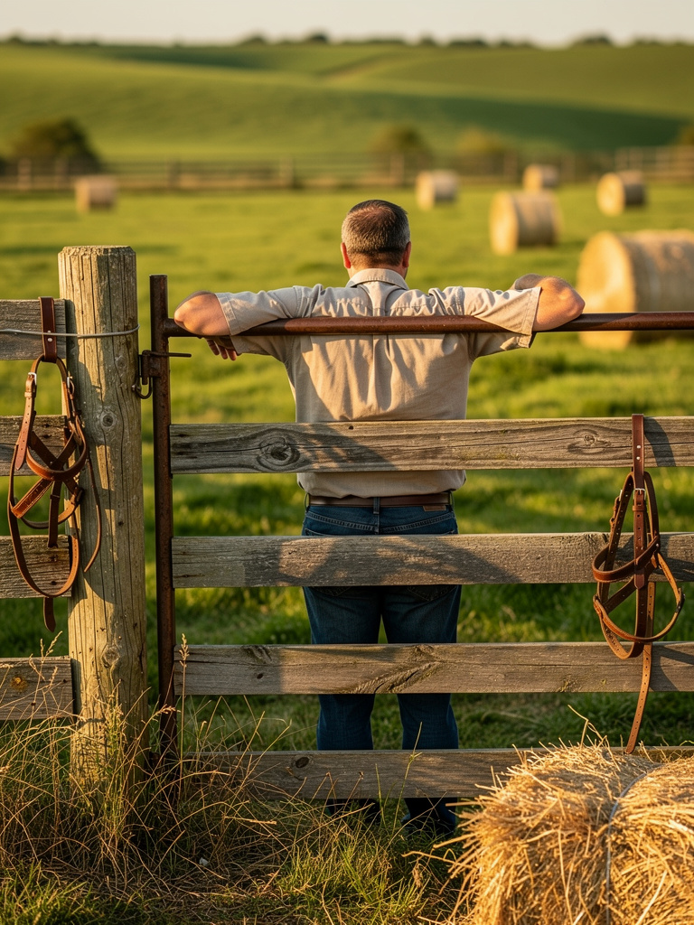 An advisor seen from behind leaning on a wooden corral gate, looking out over the pasture, face not visible.